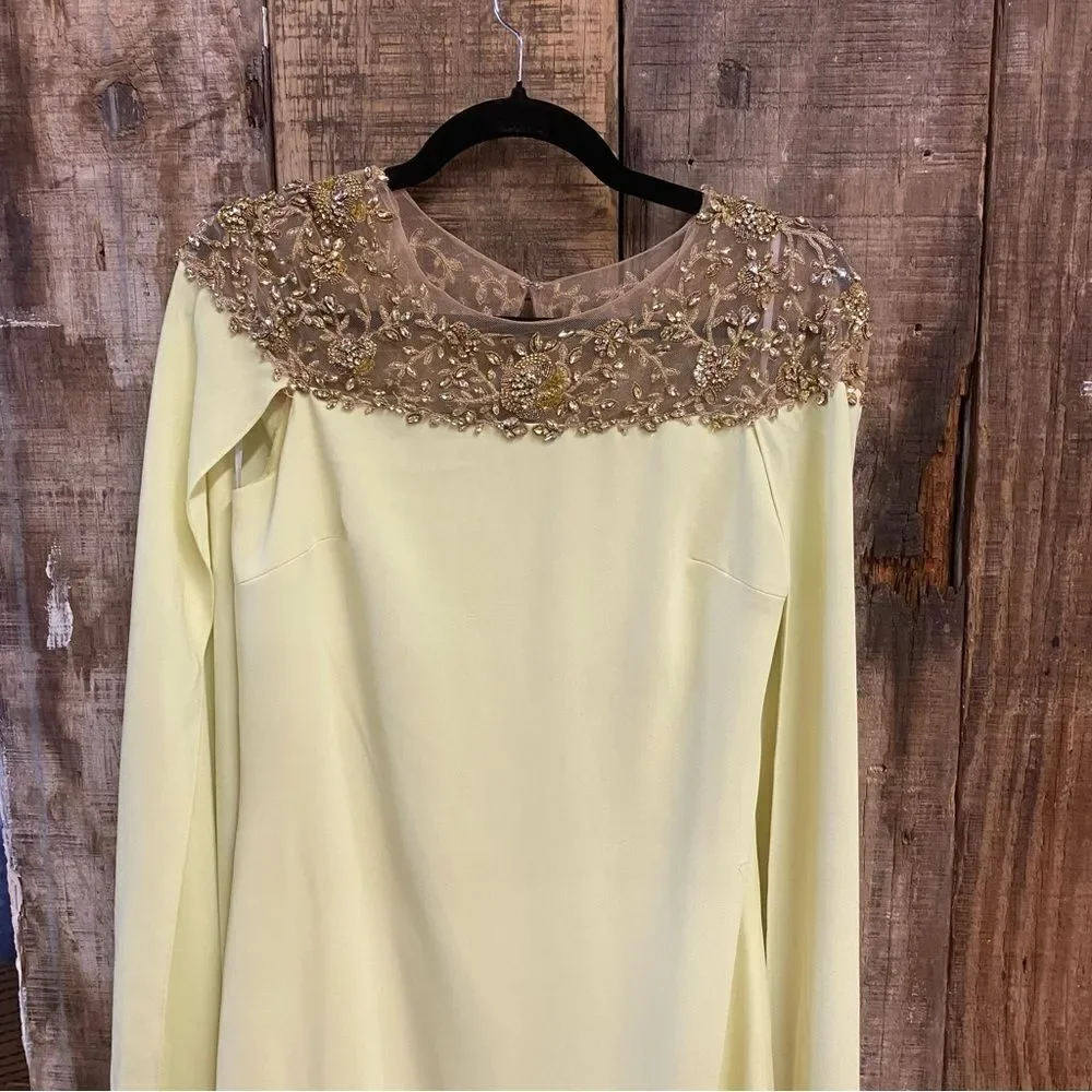 Marchesa Notte Yellow cape dress midi Gold Embellishments tulle evening $1700 4